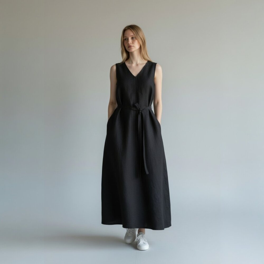 Uniqlo Maxi Linen Blend Black Dress, Size M - Picture 7 of 7